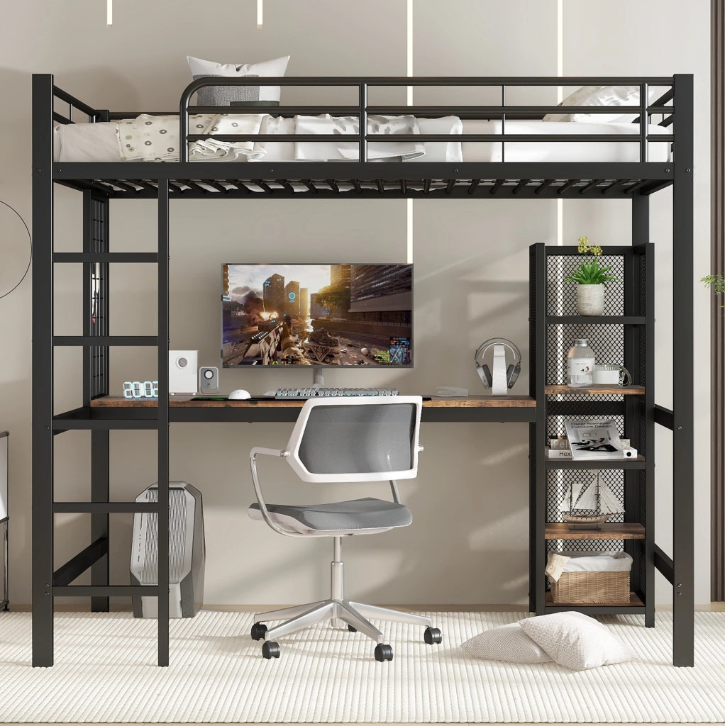 Letto a soppalco 90x200 cm con scrivania e vani portaoggetti in MDF e metallo nero e legno scuro