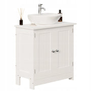 Mobiletto da bagno bianco con ante, ripiani in legno e mensola