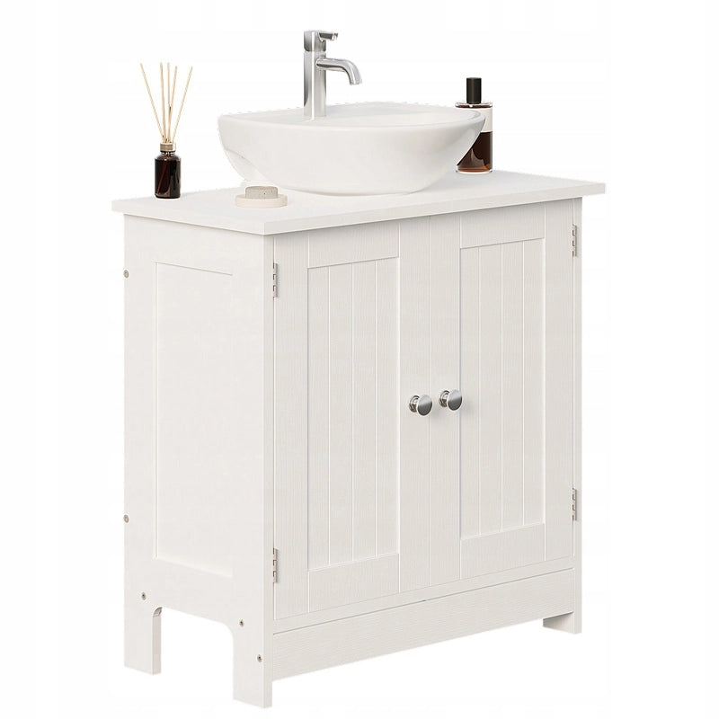 Mobiletto da bagno bianco con ante, ripiani in legno e mensola
