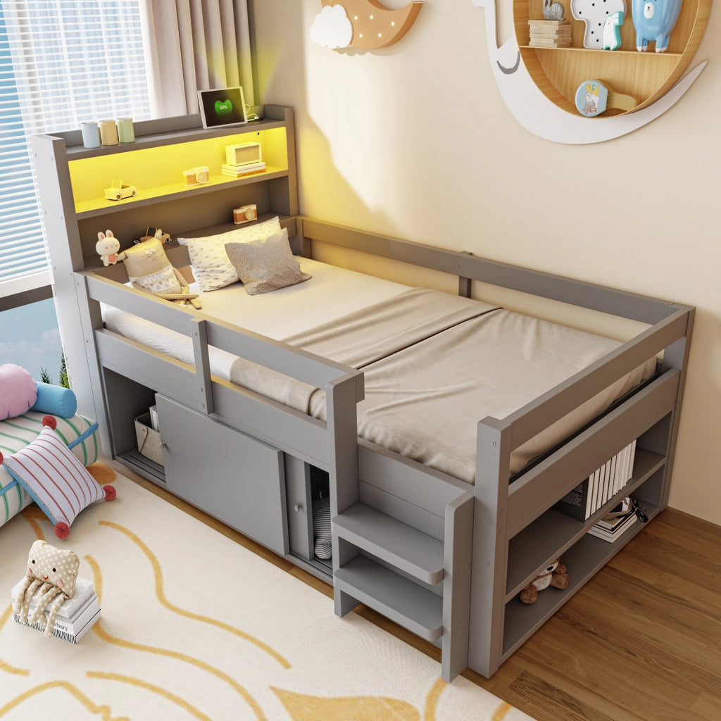 Letto a soppalco 90×200 cm; letto singolo con ripiani; LED; USB e sponde; senza materasso; legno; grigio