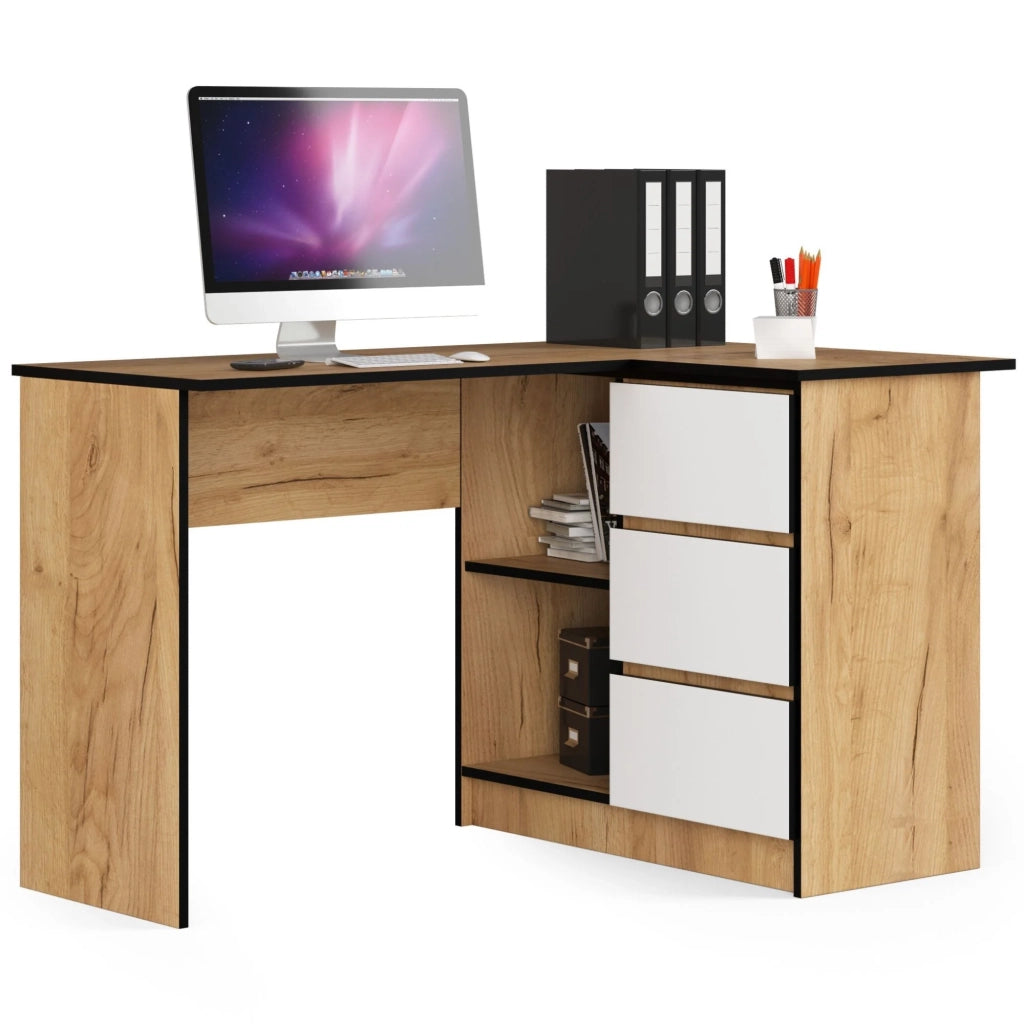 Scrivania angolare AKORD B16 Quercia Craft 124 cm 3 cassetti inserto frontale Bianco 124x85x77 cm Modello a destra