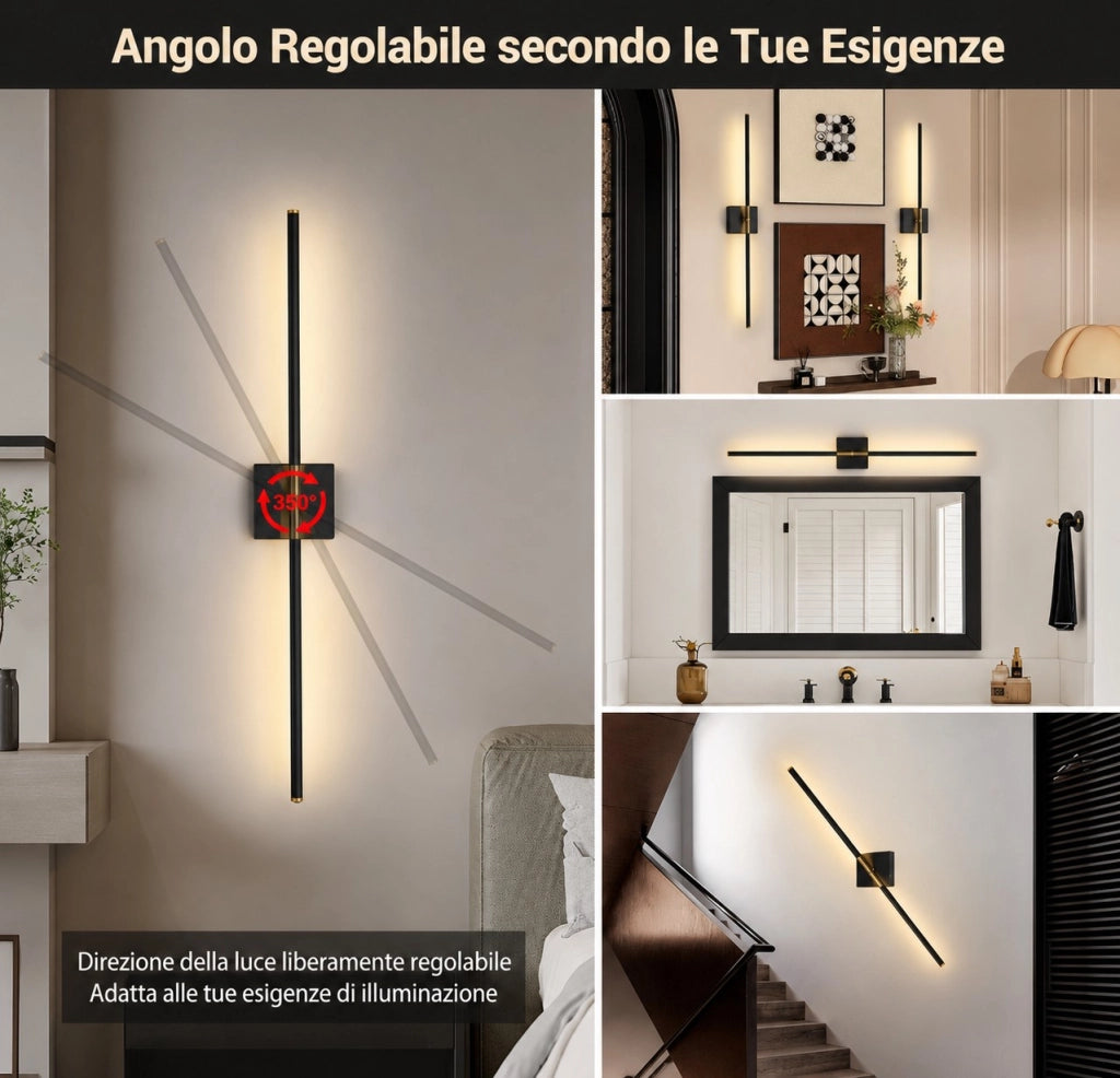 Coppia Applique LED Lineari Senza Fili 70CM Ricaricabili USB con Telecomando Touch e Rotazione 350° Nero Oro
