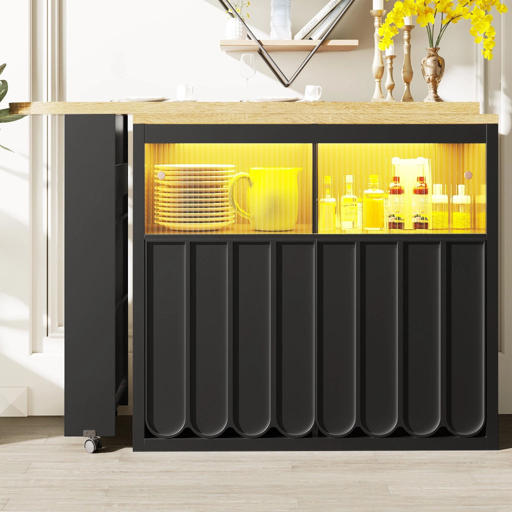Tavolo da Bar Allungabile con Vano Contenitore; LED; USB e Anta Scorrevole in Vetro; MDF; Nero; 135-205x39x100 cm