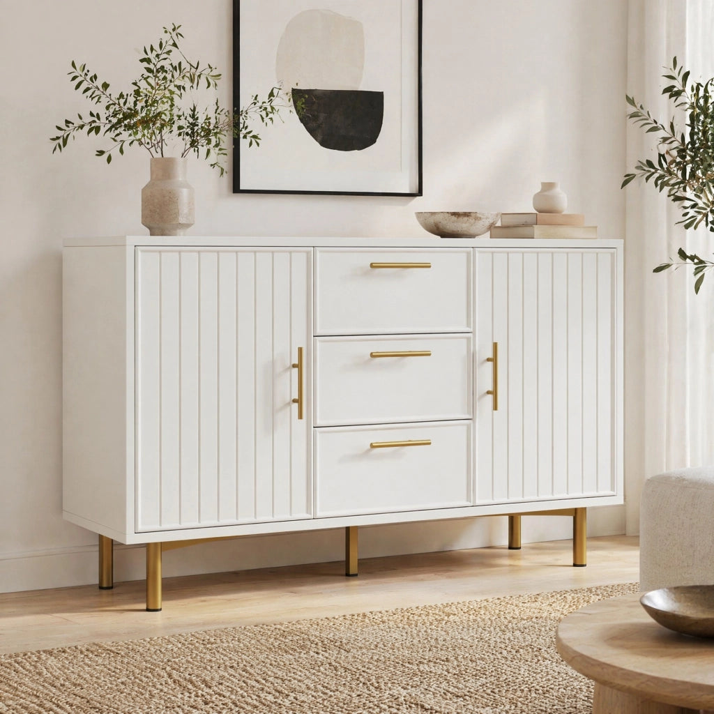 Comò moderno bianco con 2 ante, 3 cassetti e ripiano regolabile H75/B120/T40 cm