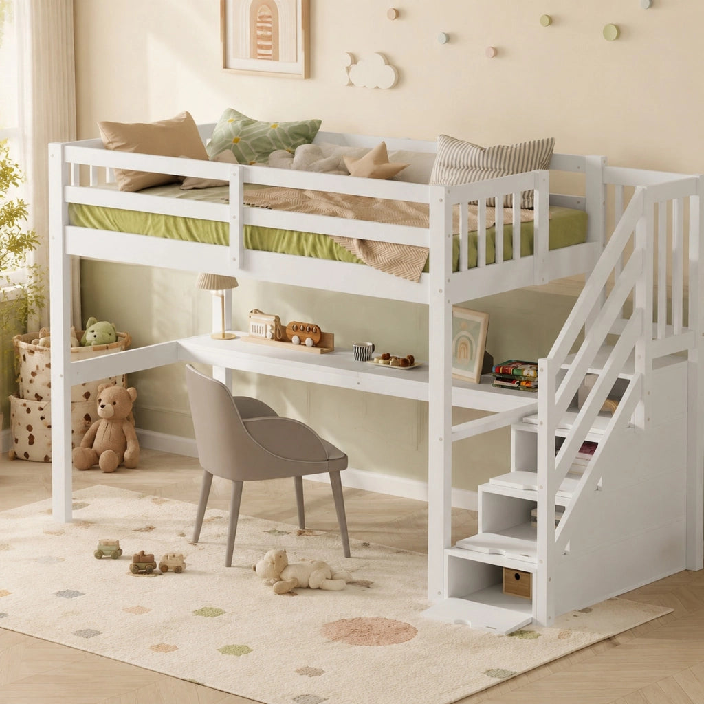 Letto a soppalco per bambini 90x200 cm con scrivania bianco