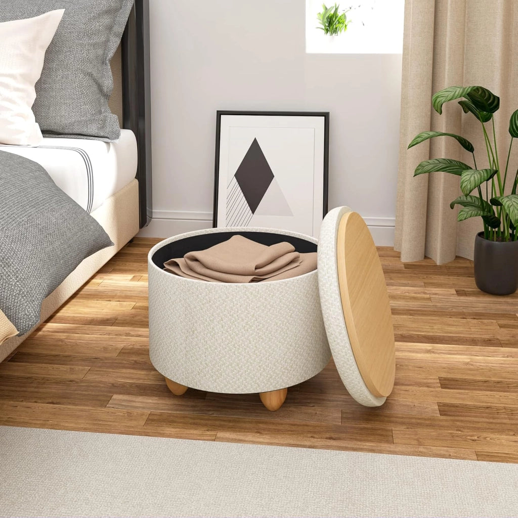 Pouf Contenitore con Coperchio, Pouf Poggiapiedi in Lino Grosso, Sgabello Tondo Salvaspazio con Gambe in Legno di Pino per Soggiorno, Corriodio, Camera, Ø 39x33 cm, Beige