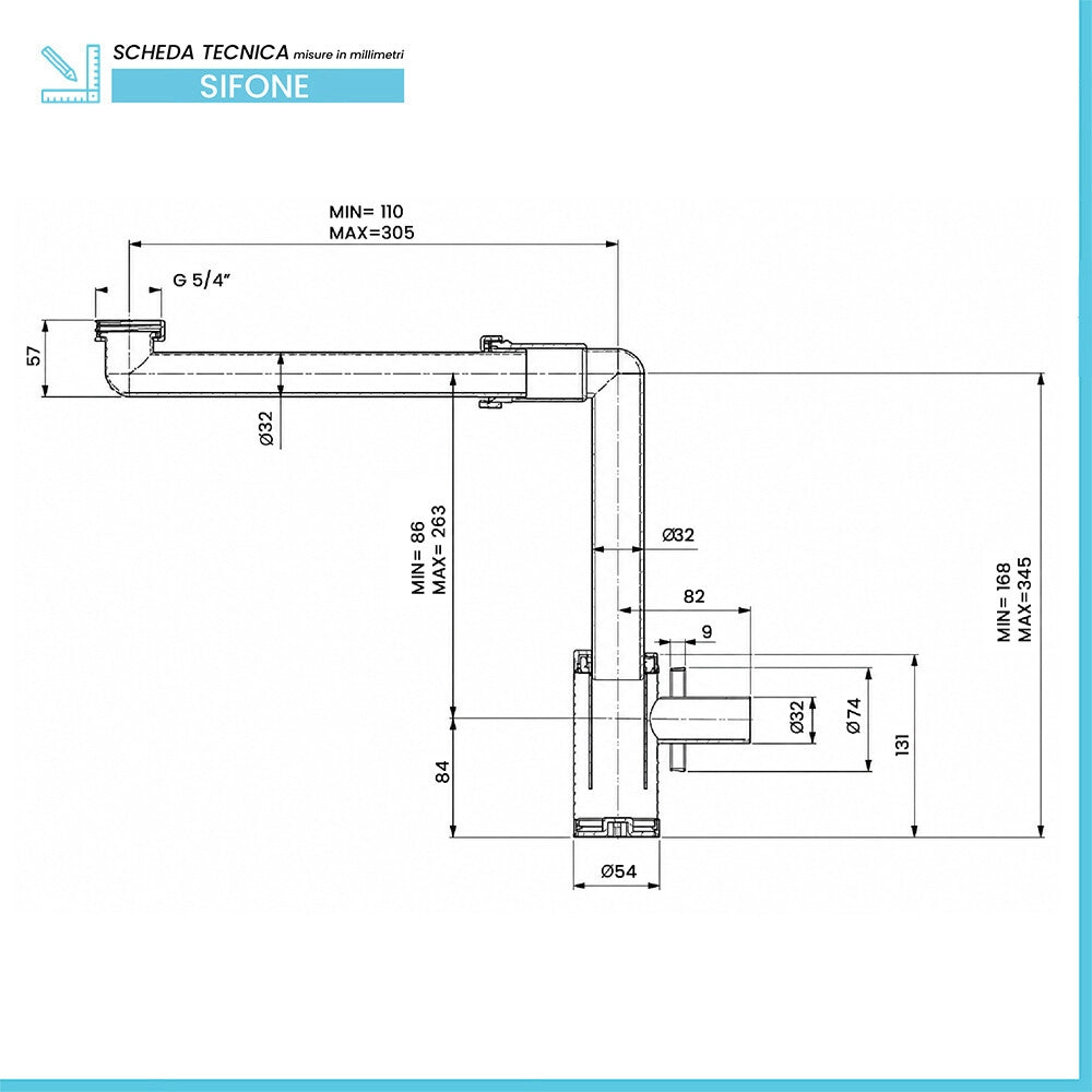 Sifone per lavabo in ABS nero opaco salvaspazio