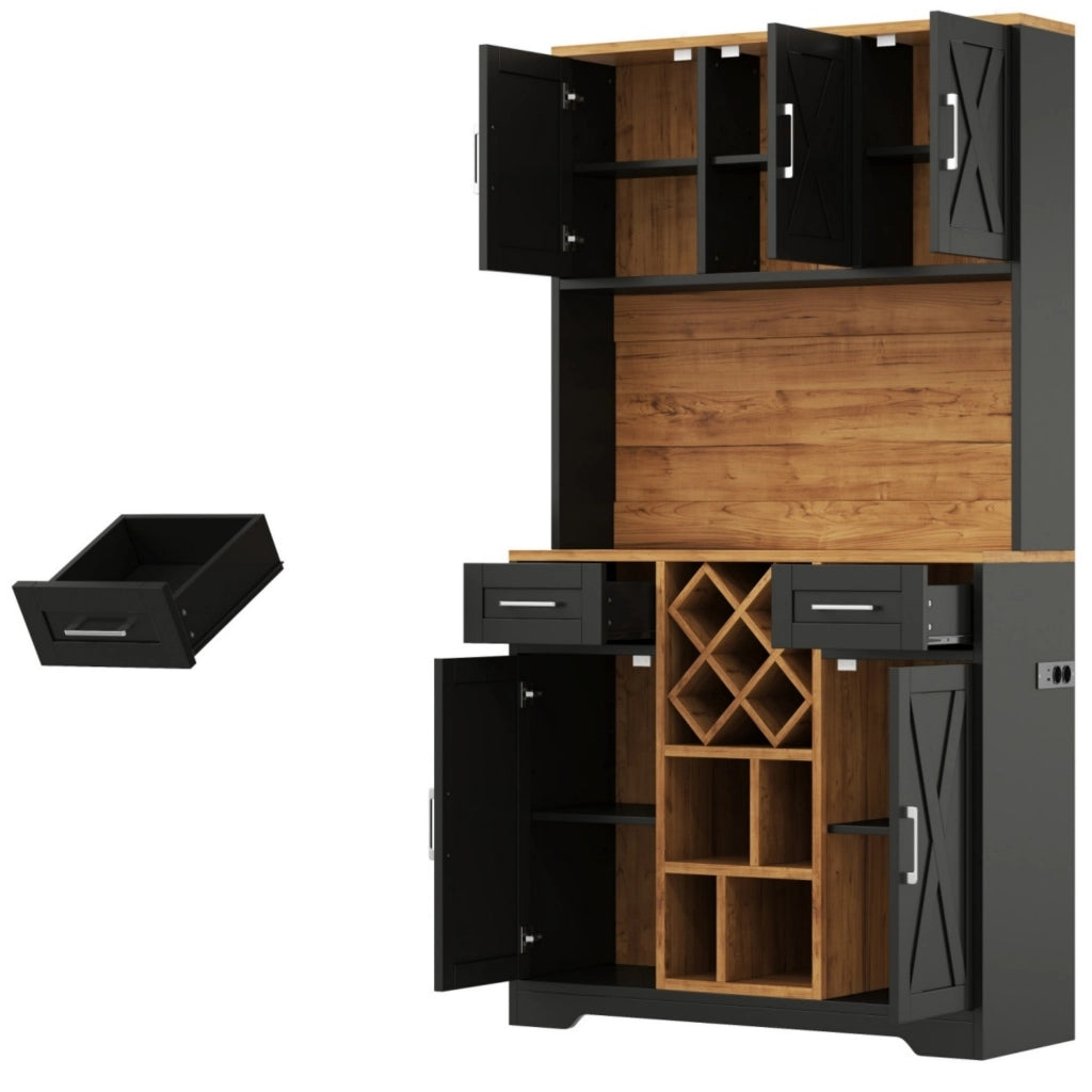 Mobile cucina alto con illuminazione LED RGB, 2 cassetti, portabottiglie estraibile e presa integrata 105x40x180 cm