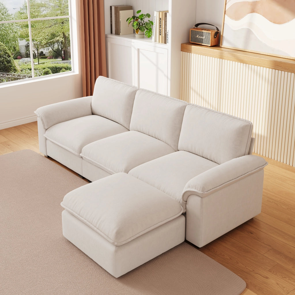 Divano angolare modulare 4 posti con ottomana configurabile cuscini di supporto design ergonomico in chenille beige