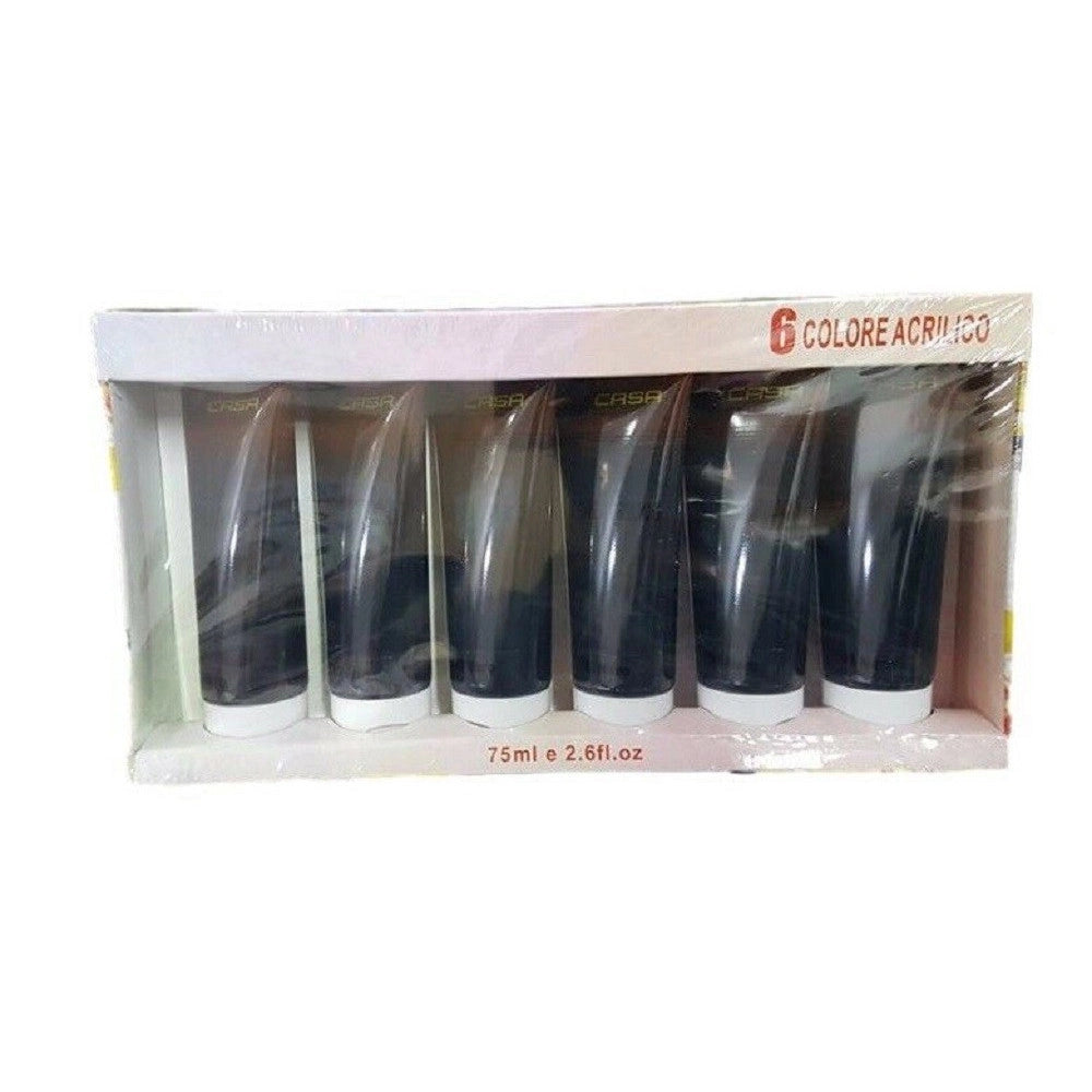 Trade Shop - Set 6 Pezzi Pittura Acrilica Vernice Confezione Colore Nero Tubo 75 Ml 07486 -