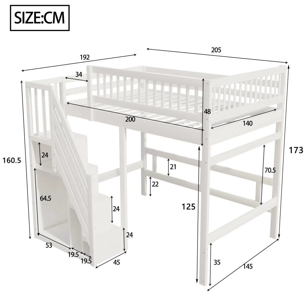 OKWISH Letto a soppalco 140×200 cm, Letto Matrimoniale con Scala con Armadietti, Sponda Alta e Contenitori, senza Materasso, Bianco