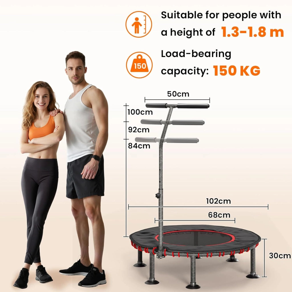 Trampolino Fitness da Interno | Copertura Protettiva Imbottita | Fino a 150 kg Capacità Carico | 3 Altezze Manubrio Regolabili | Senza Installazione | Bambini Adulti | Mini Ø102 cm | Casa
