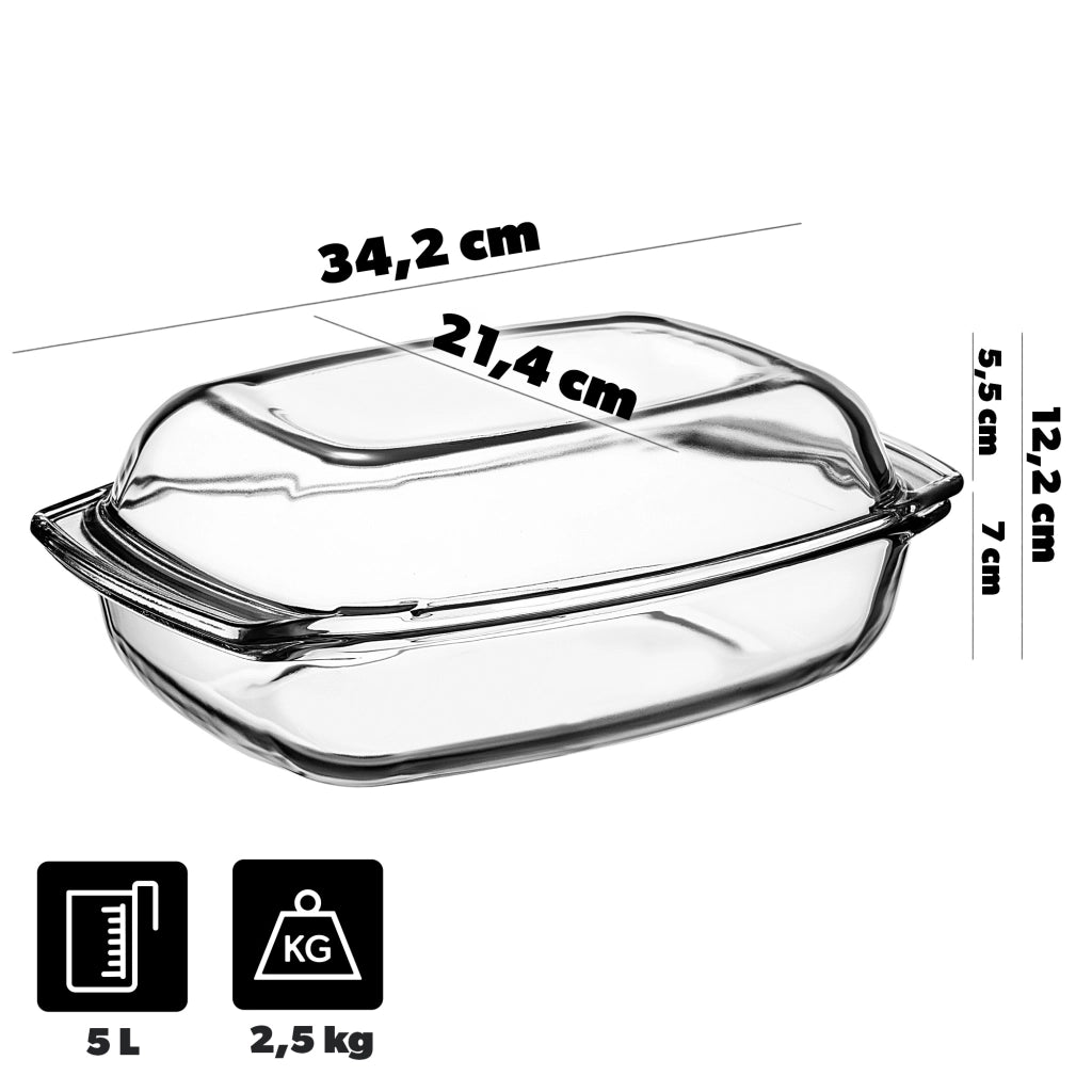 KADAX Teglia da forno rettangolare in vetro da 5 litri con coperchio, grande