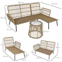 Set da Giardino in Rattan Stile Boho Chic con Divano Angolare e e Tavolino, Crema e Caffè