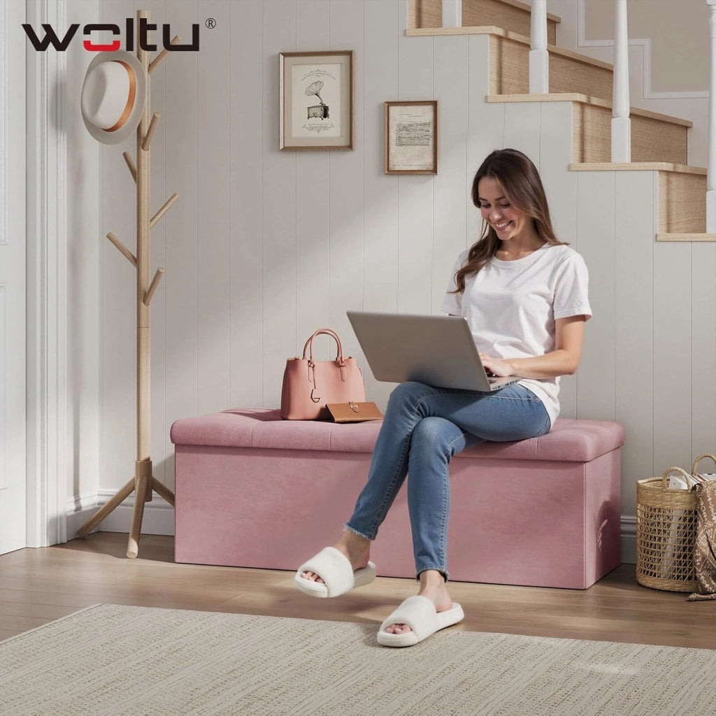 Panche Contenitore per Ingresso Cassapanca Pieghevole Ottomane in Velluto, Max Portata Statica di 300 kg, 118 L, 110x37,5x38 cm, Rosa chiaro