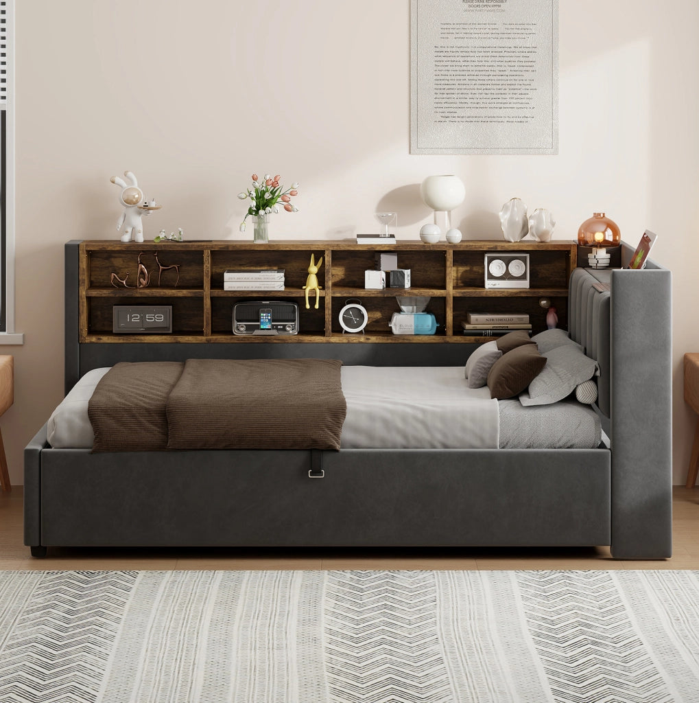 Letto imbottito con contenitore idraulico, testiera con luce e prese USB e Type-C, 90x200 cm