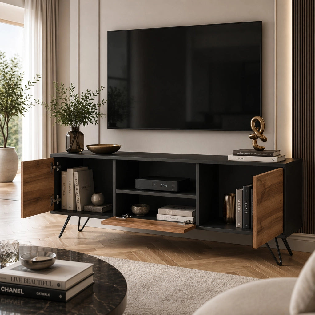 Mobile TV Con 2 Ante Battenti Anta A Ribalta E Vano A Giorno Design Minimal Moderno Per Soggiorno Salotto Sala Da Pranzo E Zona Living 137 x 52 x 33 cm Nero E Rovere