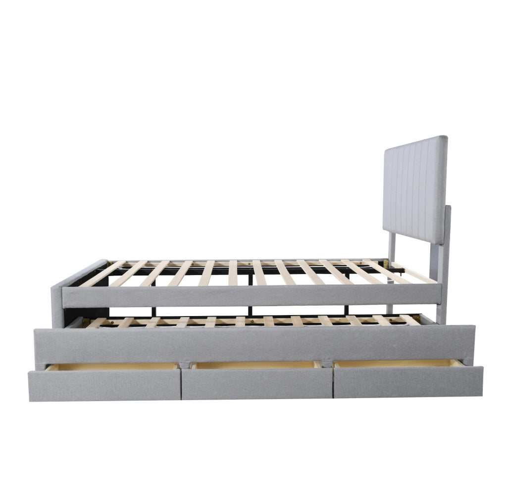 Letto imbottito con letto estraibile e 3 cassetti; testiera regolabile; 204x90x118 cm; grigio