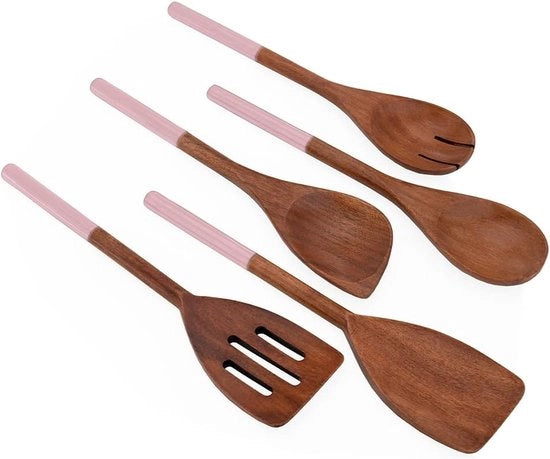 Set di Spiedini in Legno di Acacia da 5 pezzi - Set di Spiedini in Legno - Spiedini in Legno - Spatola in Legno - Spatola a Punta - Spatola a Mischia (Rosso)