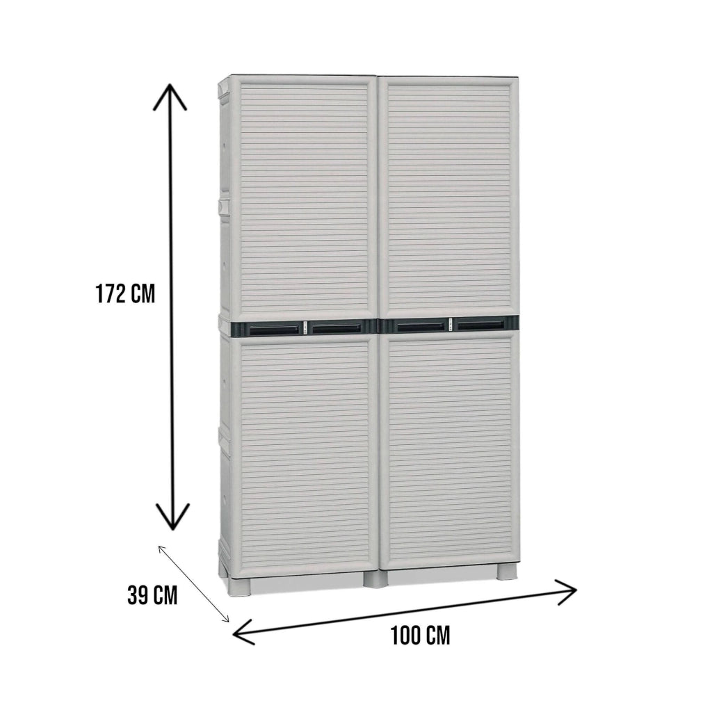 Armadio portascope da esterno o Achae, Mobile a 2 ante e 3 ripiani in polipropilene, 100% Made in Italy, cm 100x39h172, colore Grigio chiaro