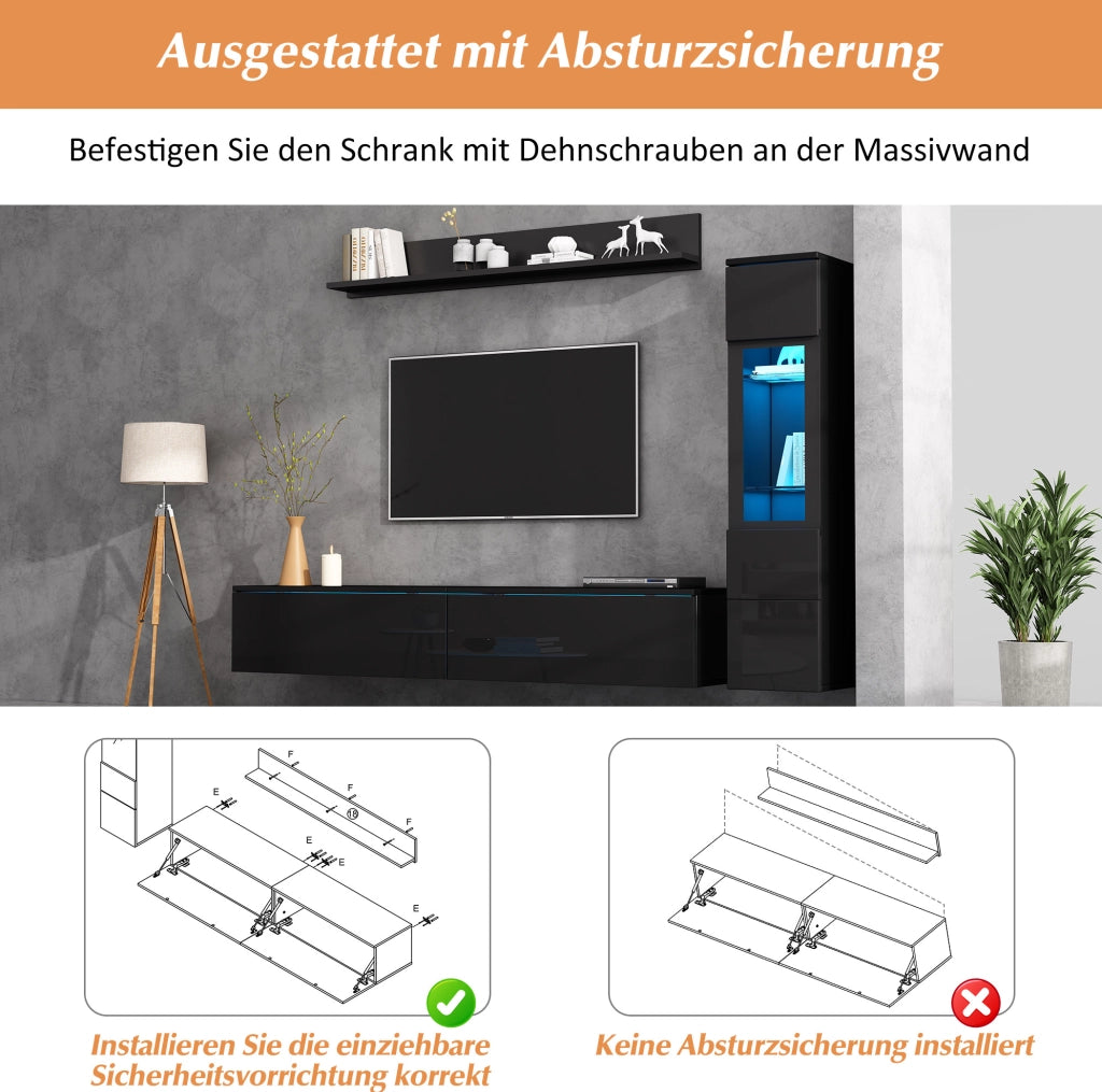 Set parete sospeso a 3 pezzi con illuminazione LED, nero lucido