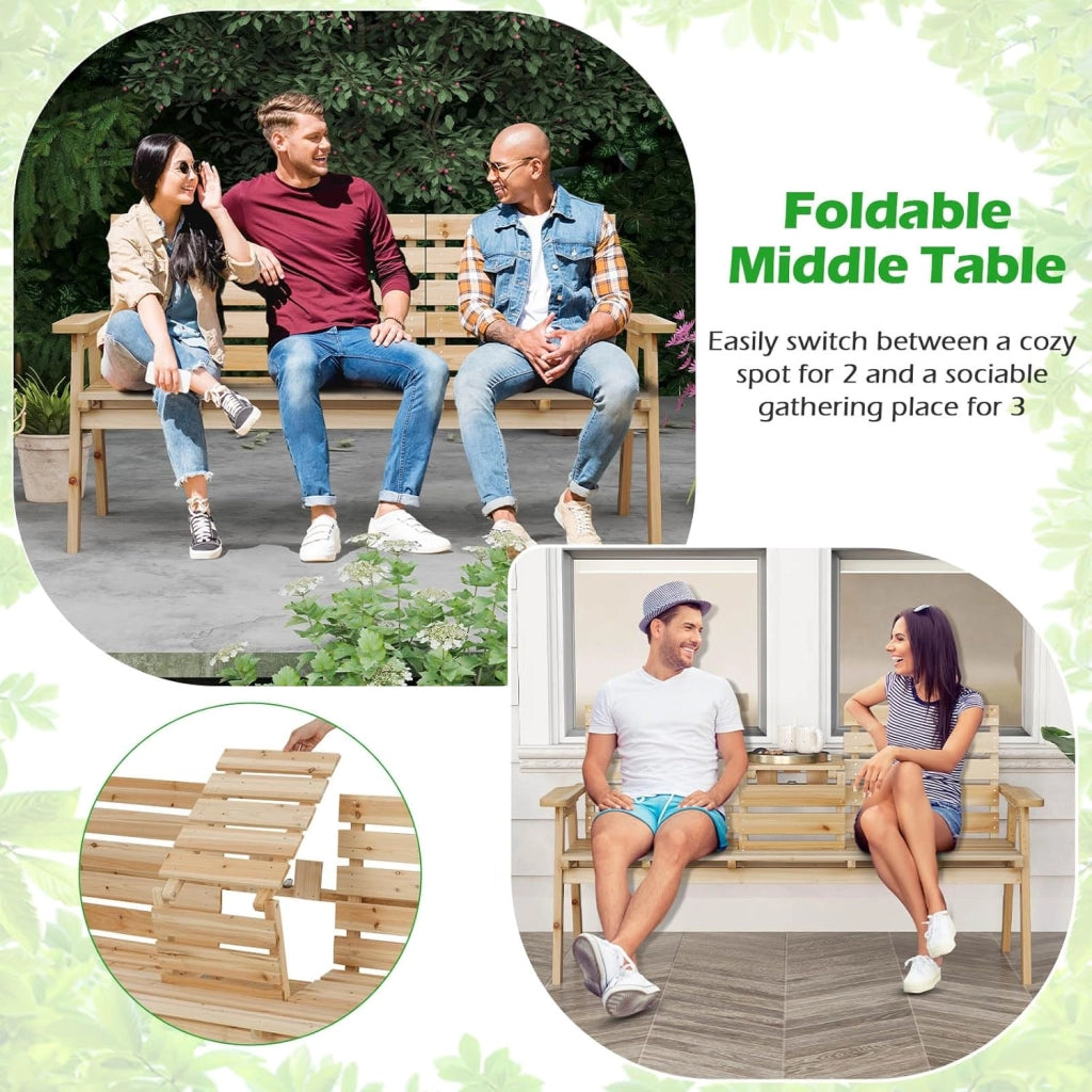 Panchina da giardino con tavolo, in legno massiccio con tavolo centrale pieghevole, panca a 3 posti, panca ergonomica con schienale e braccioli, panca da giardino e terrazza, portata fino a