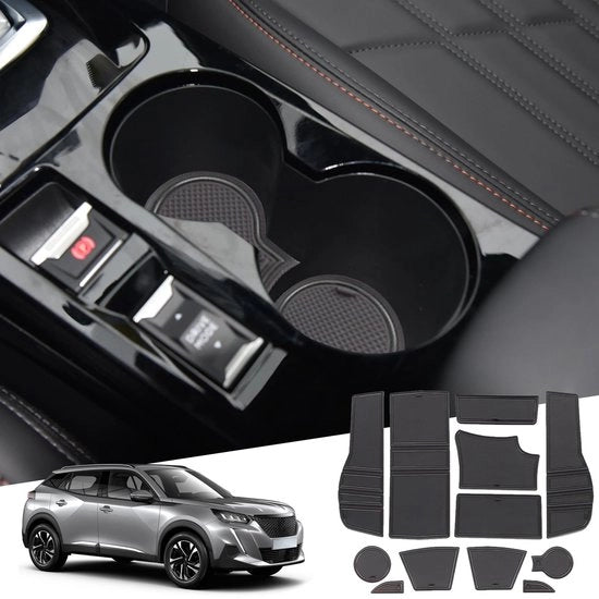 Materassini antislittamento in gomma compatibili con Peugeot 2008 e-2008 2020-2024 2025, tappeti densi per cassetto portaoggetti, bracciolo, portabicchieri, portaoggetti e accessori 2008 2023 (nero)