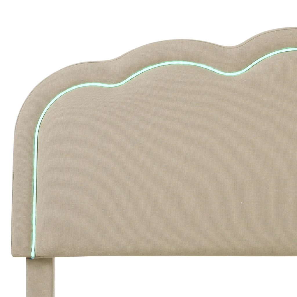 Letto singolo imbottito 90x190 cm con LED; testiera regolabile e rete a doghe; tessuto beige