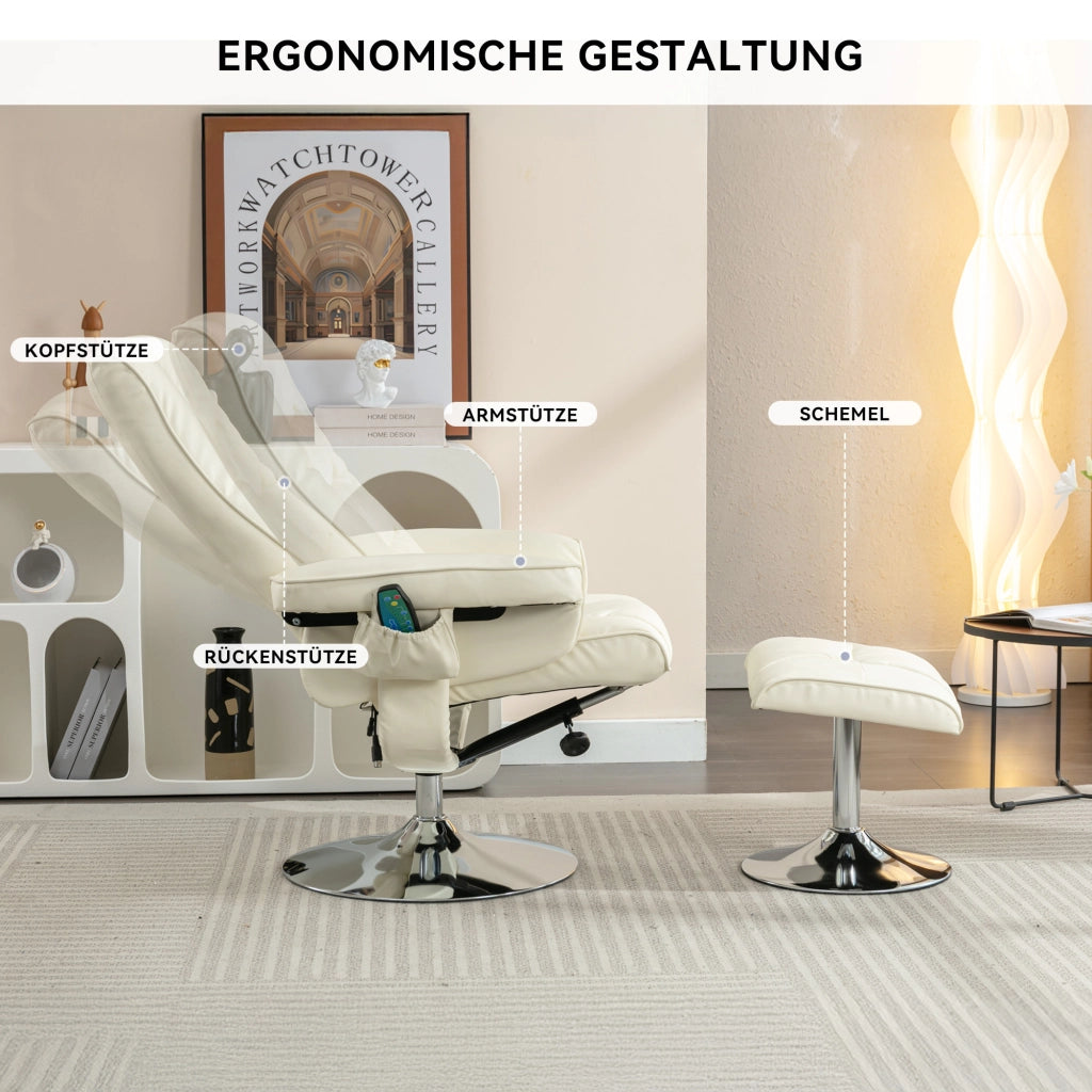 OKWISH Poltrona Massaggiante con Poggiapiedi, Schienale Regolabile 135° e Rotazione 360°, Funzione Calore, PU, Beige