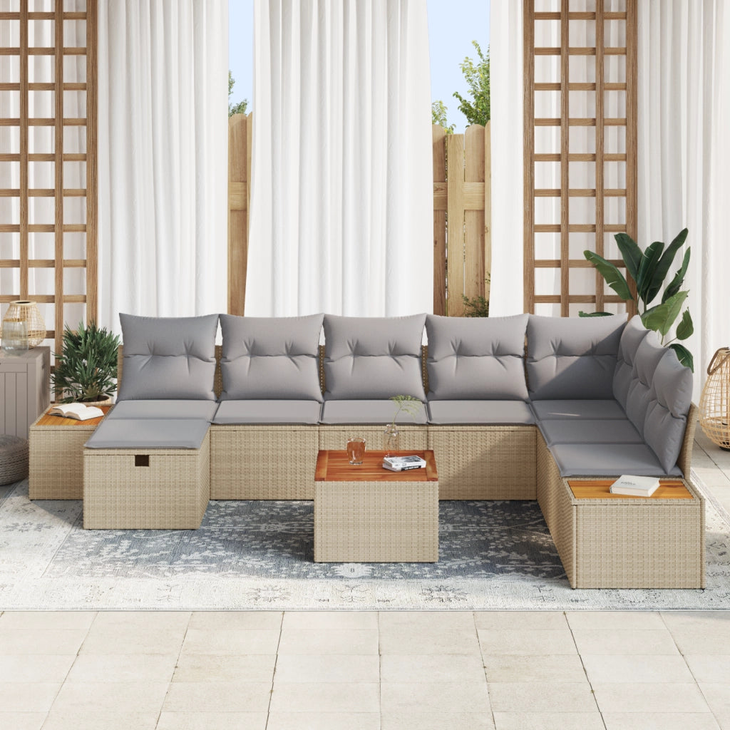 Set di Divano da Giardino da 9 Pezzi con Cuscini Beige in Polyrattan