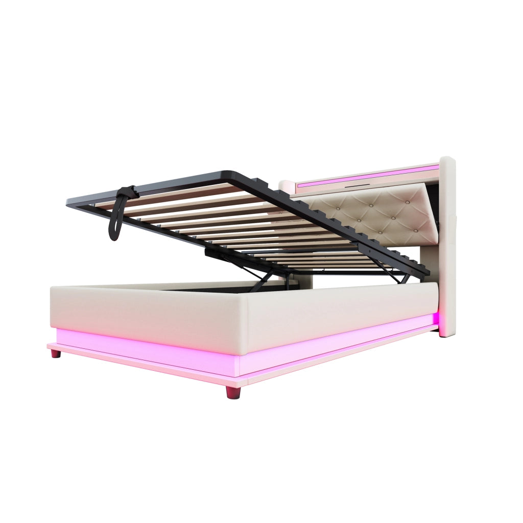 Letto singolo 90×200 cm con contenitore; testiera apribile; LED; USB e Type-C; senza materasso; lino; beige