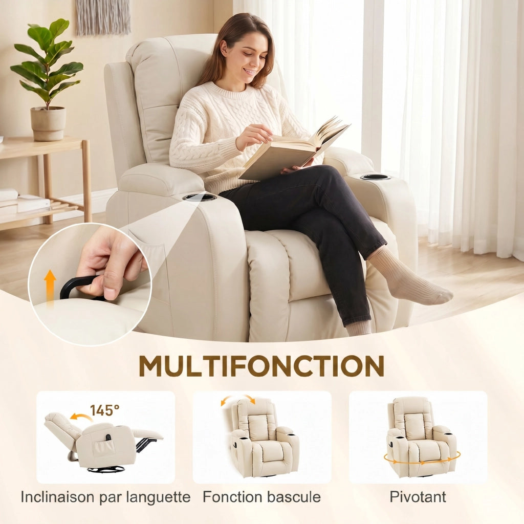 Poltrona relax massaggiante e riscaldante ¨C Xylo ¨C girevole 360¡ã, reclinabile, crema, 82x99x103cm