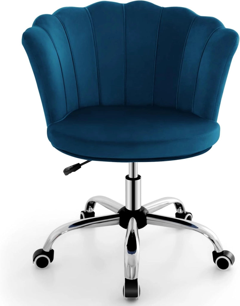Sedia da Scrivania in Velluto, Poltrona Girevole con Altezza Regolabile, con Schienale a Forma di Petalo e Ruote, per Casa Ufficio, Carico Massimo 150 kg (Blu)