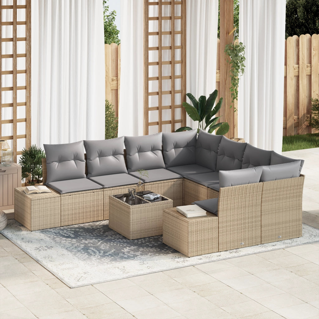 Set di Divani da Giardino da 9 Pezzi con Cuscini Beige in Rattan Poliestere