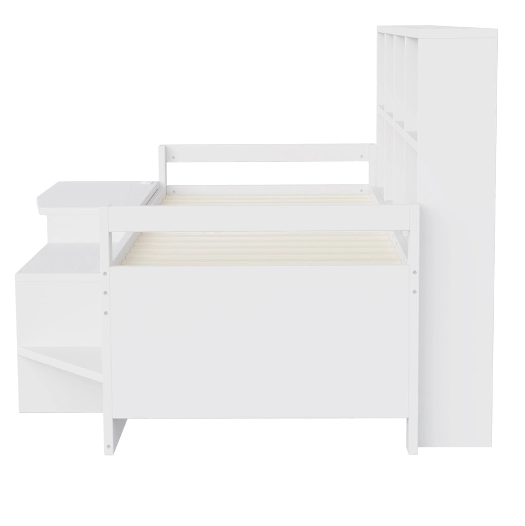 Letto a soppalco 90x200 cm con scrivania; vani portaoggetti e LED in legno bianco
