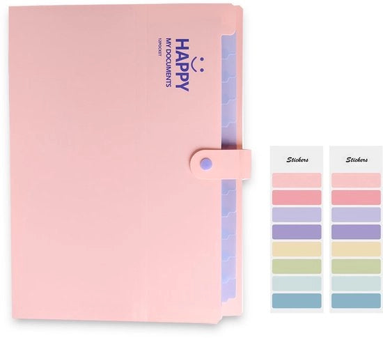 Cartella A4 Espandibile con 12 Cestelli e 16 Etichette, Cartella Documenti A4 Sistema di Cartelle, Organizzatore di Documenti per Casa, Ufficio, Scuola, Bonifiche e Viaggi, Rosa