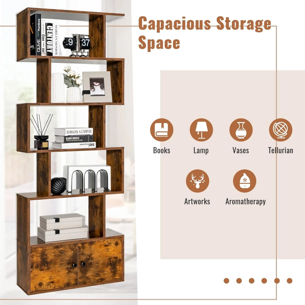 Scaffale a 6 Ripiani con cassetto, Libreria Autoportante, Scaffale da Terra, Design Moderno, 70 x 23 x 183 cm, Bianco/Marrone/Nero (Marrone)