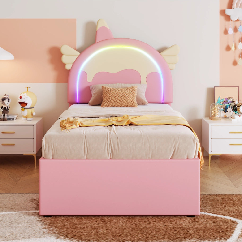 Letto Estraibile 90×200 cm; Singolo con Testiera a Unicorno e Letto Estraibile; senza Materasso; Rosa