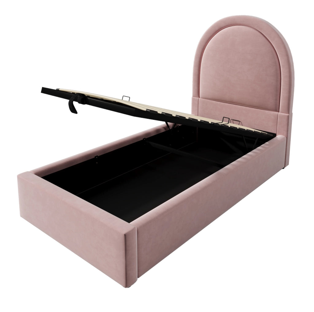 Letto singolo imbottito con contenitore e rete idraulica; 90 x 200 cm; velluto rosa