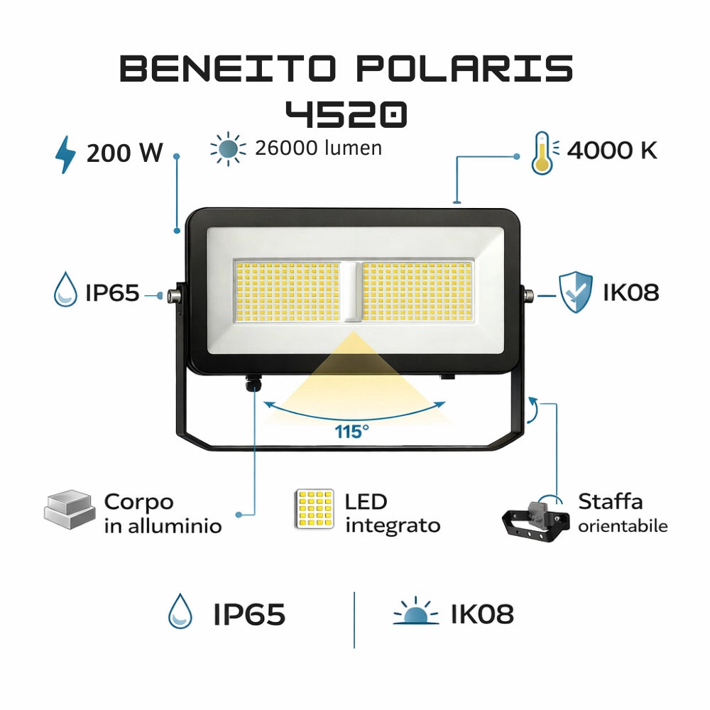 Proiettore led beneito polaris nero alta potenza ip65 *** colore nero, watt 200 watt, confezione 1