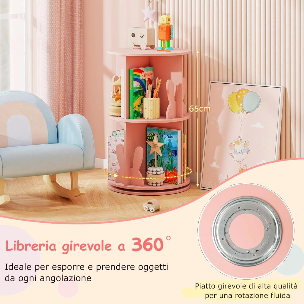 Libreria Girevole per Bambini, Scaffale Moderna in Legno a 2 Ripiani, Libreria Salvaspazio per Soggiorno, Camera da Letto e Studio, 40 x 65 cm (Rosa)