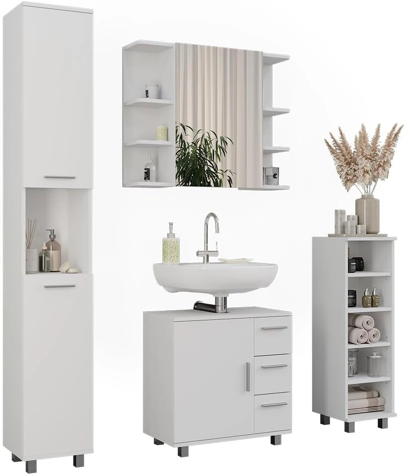 Set di mobili da bagno Ilias, Bianco, 60.2 cm, composto da mobile lavabo, pensile a specchio, colonna e base media