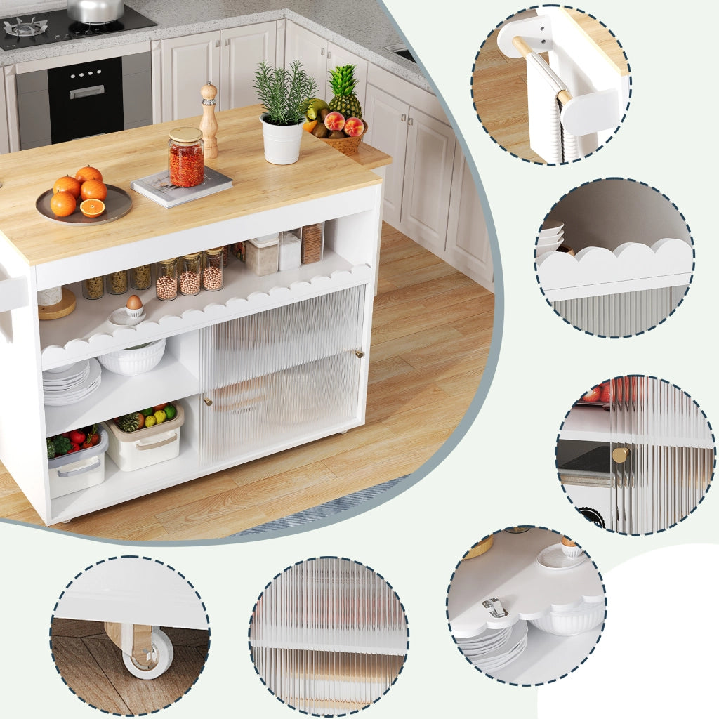 Carrello isola cucina pieghevole 122x46/69x91 cm bianco e naturale con ripiani regolabili e ruote
