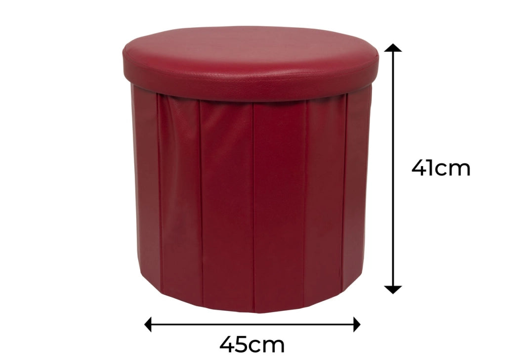 Pouf Salotto Contenitore Ecopelle Rotondo Pieghevole Tinta Unita - Pouf - Bordeaux