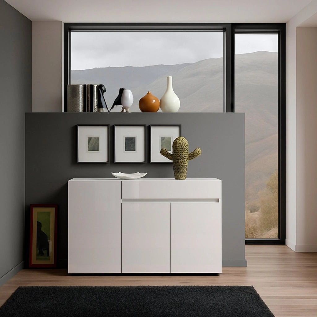 Credenza Deodata, Buffet da soggiorno, Madia da salotto, Dispensa da cucina, Made in Italy, 135x38h79 cm, Bianco lucido