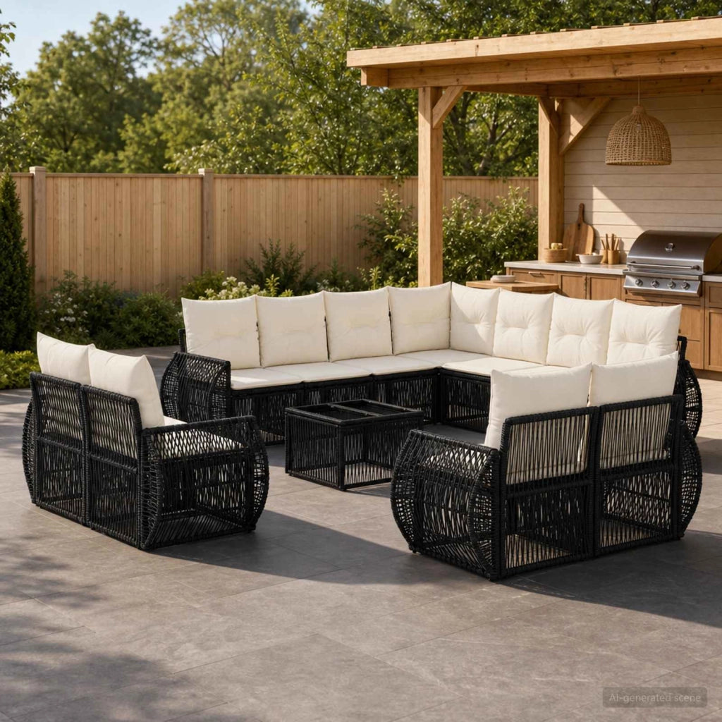 Set Divano da Giardino 12 pz Nero e Bianco Crema polyrattan 3435589