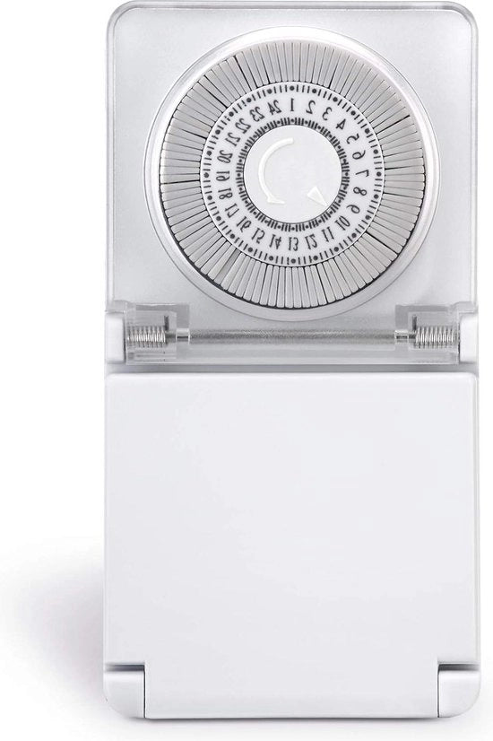 Timer meccanico per interni e esterni - regolazione a scorrimento - timer 24 ore - classe IP44 - protezione antiaccesso per bambini - 3500 W - bianco