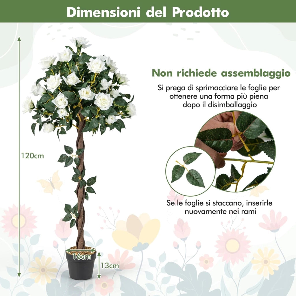 Pianta Floreale Finta 120 CM, Albero di Fiori Artificiali con Rose Bianche, Vaso da Vivaio, Pianta in Vaso da Interno per Decorazione Interna per Ufficio e Casa