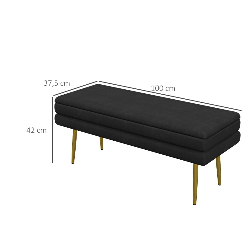 Panca imbottita con vano contenitore, effetto velluto, struttura in acciaio, 100 x 37,5 x 42 cm, nero