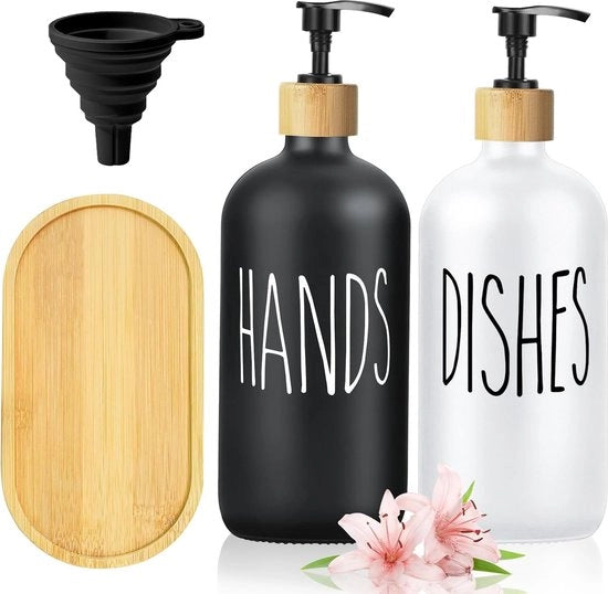 Set di asciugamani per bagno in vetro, 500 ml dispenser di sapone con set di bagno in materiale opaco bianco e nero con contenitore e secchio, dispenser di schiuma e sapone per lavaggio della cucina